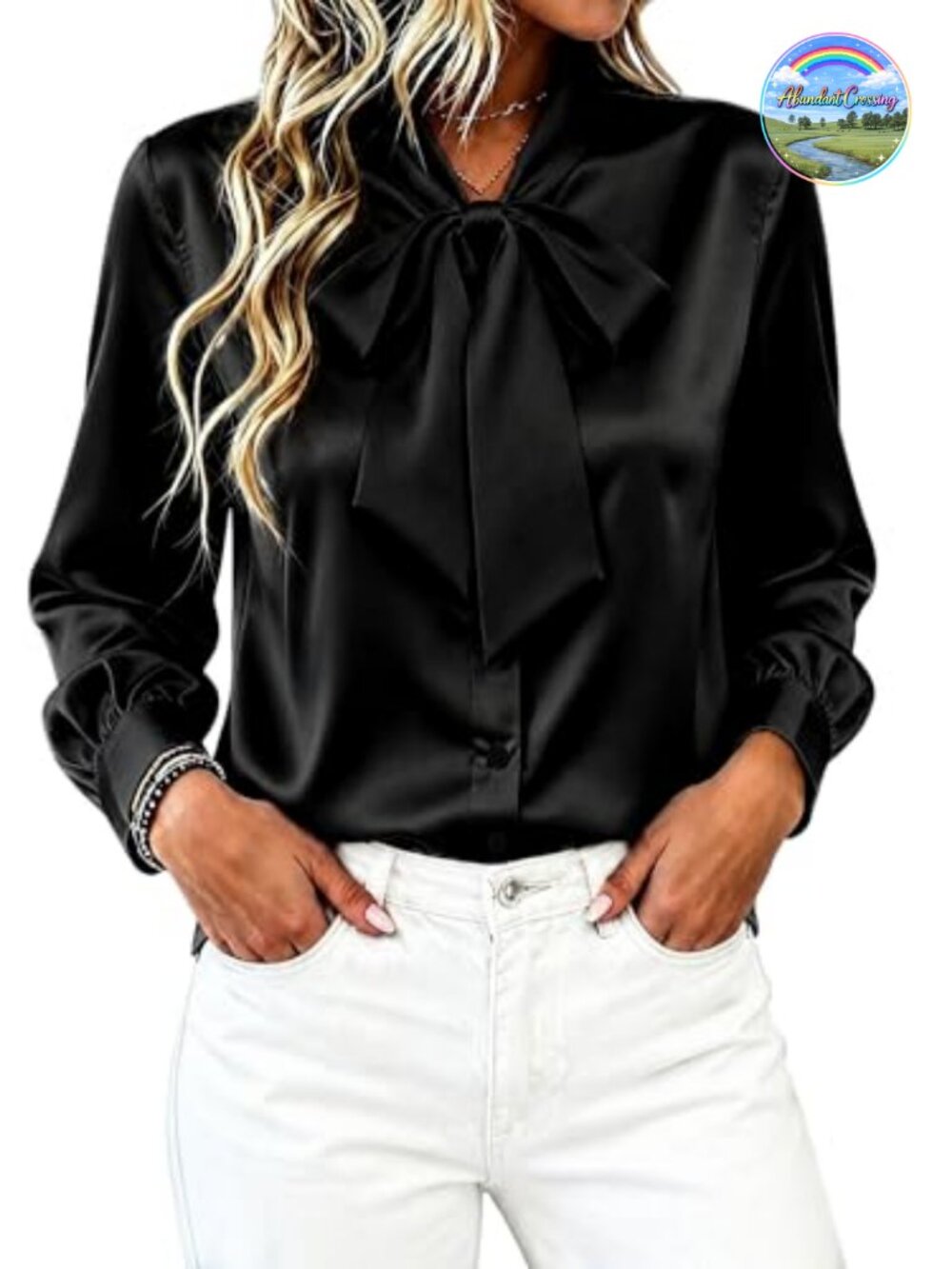 Satin Button Down Blouse Bow Tie Neck Long Sleeve Elegant Business Top